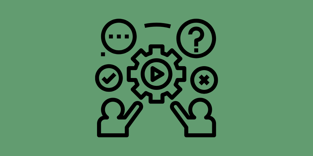 A plain green rectangle with an graphic showing two people with various icons to illustrate a moral discussion.